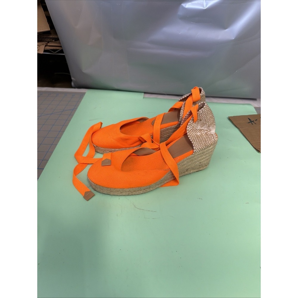 Castaner Orange Canvas Espadrille Wedge Ankle Tie Shoes Women's Size 38